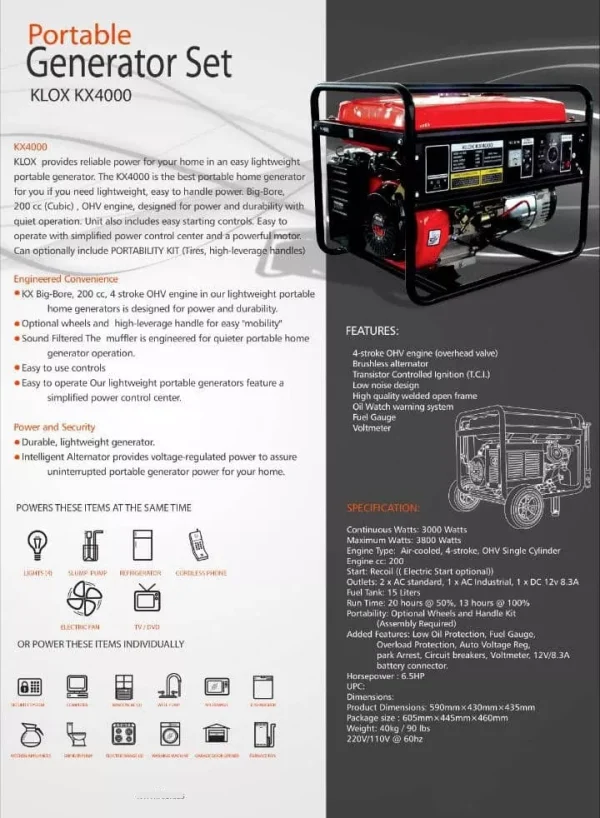 Klox Kx4000 Generador Portátil 4Kva / 3Kw KX-4000 - Imagen 2