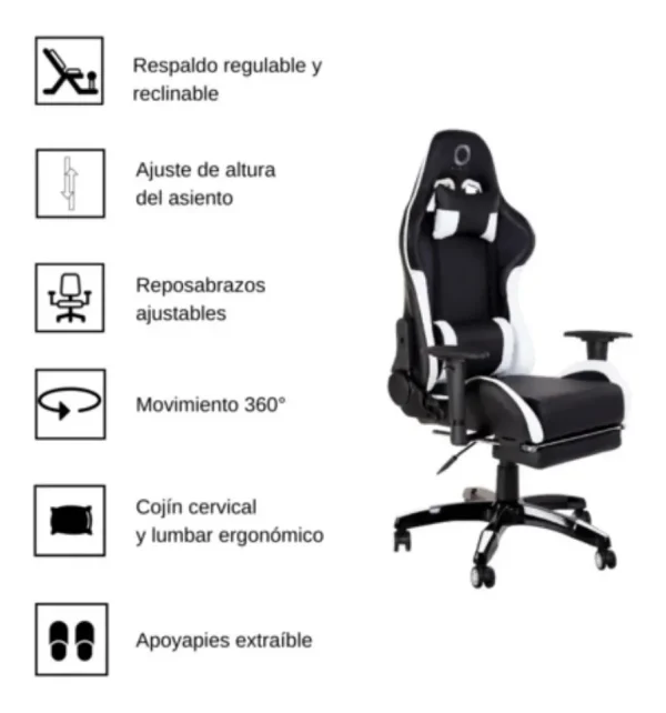 Nibio Silla Gaming Destroyer Cuero Sintetico Negro GC008SWHT - Imagen 2