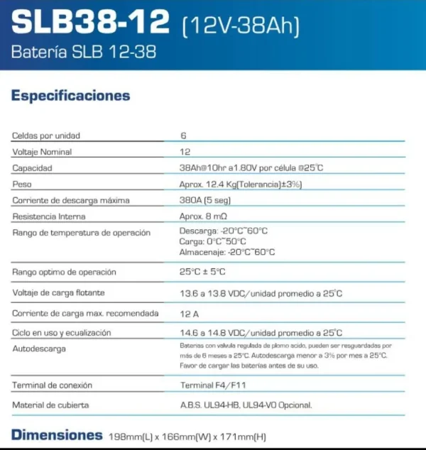CDP BATERIA SLB12-38 12VA/38AMP PARA UPS SLB12-38 - Imagen 3