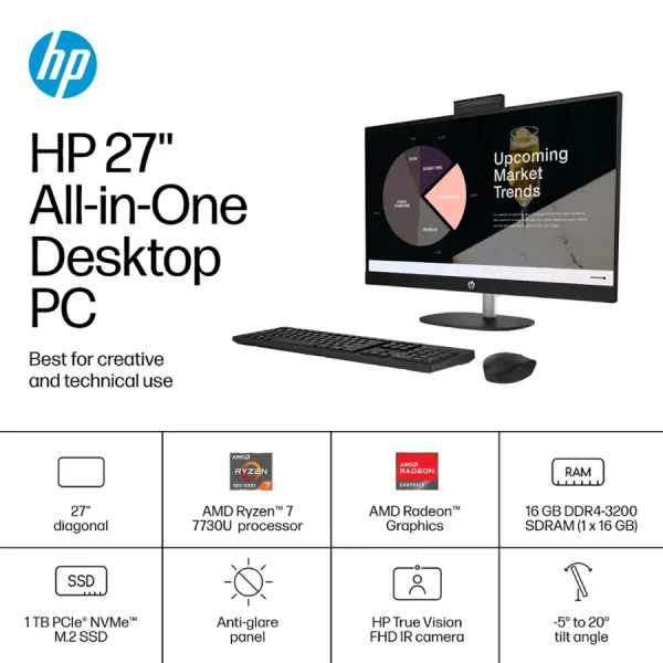 HP ALL IN ONE  AMD RYZEN 7 7730U 16GB 1 TB 27" TOUCH 7G9S2AA#ABA - Imagen 2