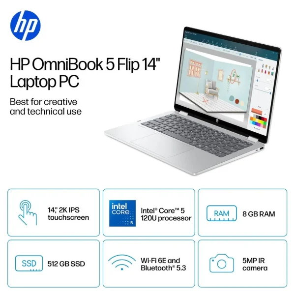 HP OMNIBOOK 5 FLIP 2-IN-1 14-FP0013DX 14" TOUCH 2K CORE 5 120U 8GB 512GB  WIN11 B5UJ3UA#ABA - Imagen 2