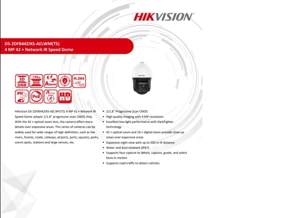 Hikvision CAMARA DOMO PTZ 8" IP 4MP 42x OPTICO DS-2DF8442IXS-AELWY (T5) - Imagen 2